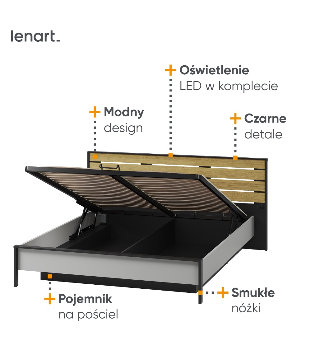 Łóżko 160 z pojemnikiem z oświetleniem