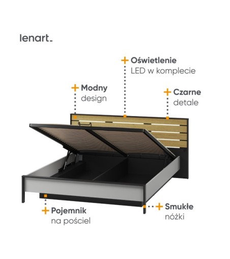 Łóżko 160 z pojemnikiem z oświetleniem