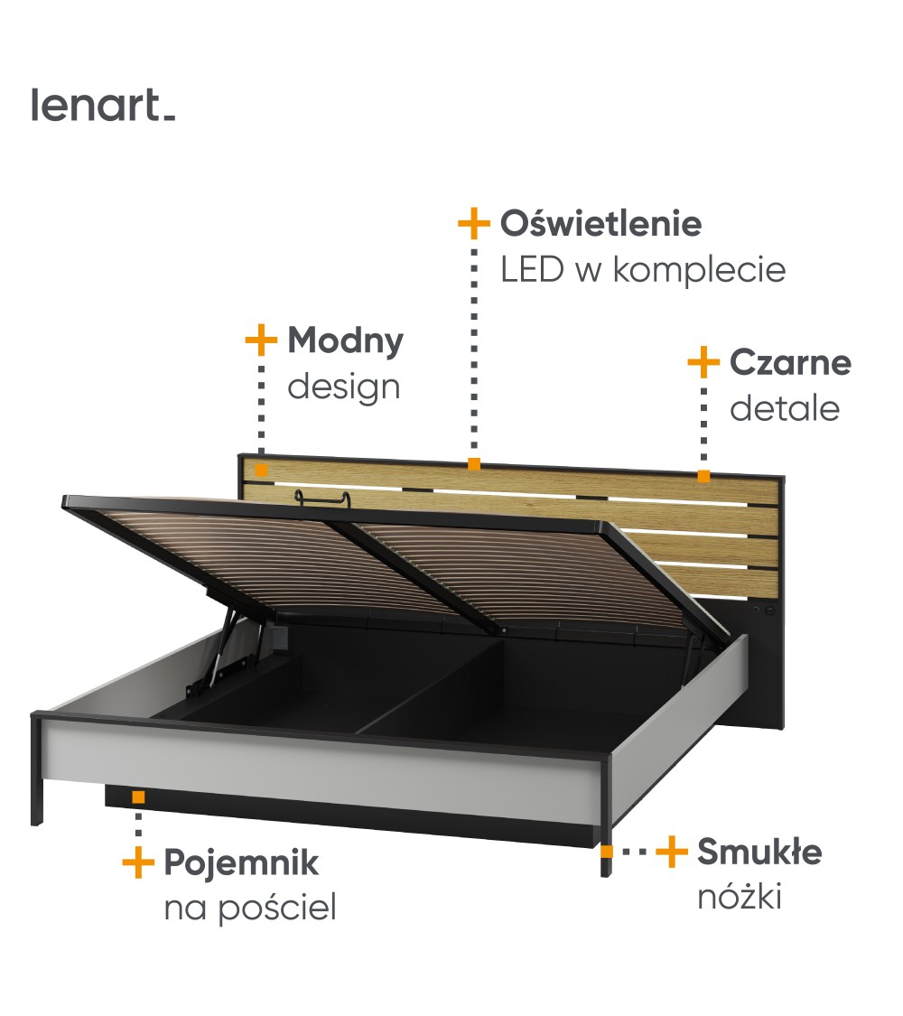 Łóżko 180 z pojemnikiem z oświetleniem
