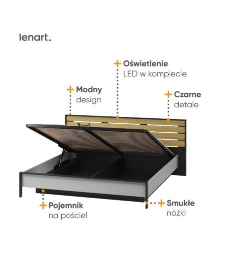 Łóżko 180 z pojemnikiem z oświetleniem