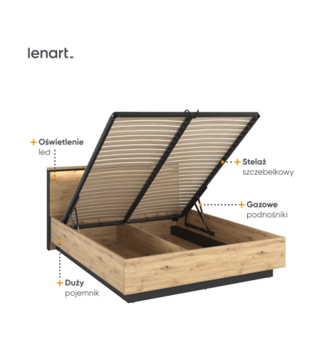 Łóżko 160 z pojemnikiem i oświetleniem