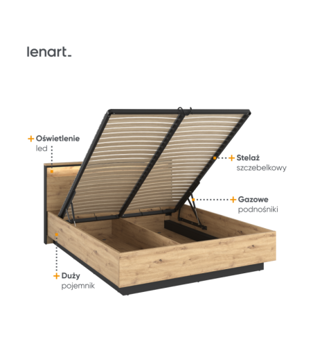 Łóżko 180 z pojemnikiem i oświetleniem